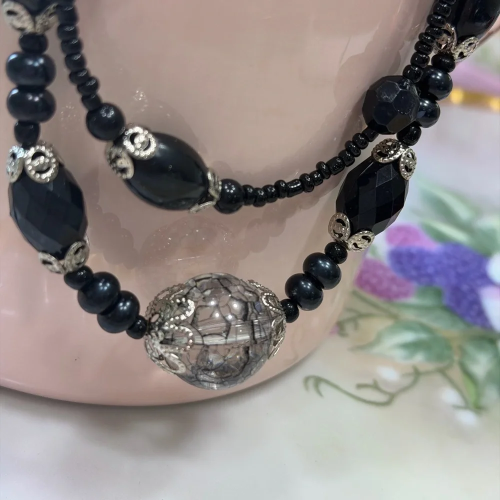 Double Strand Black Beaded Statement Necklace. 8.5” | Classic | Costume | EUC